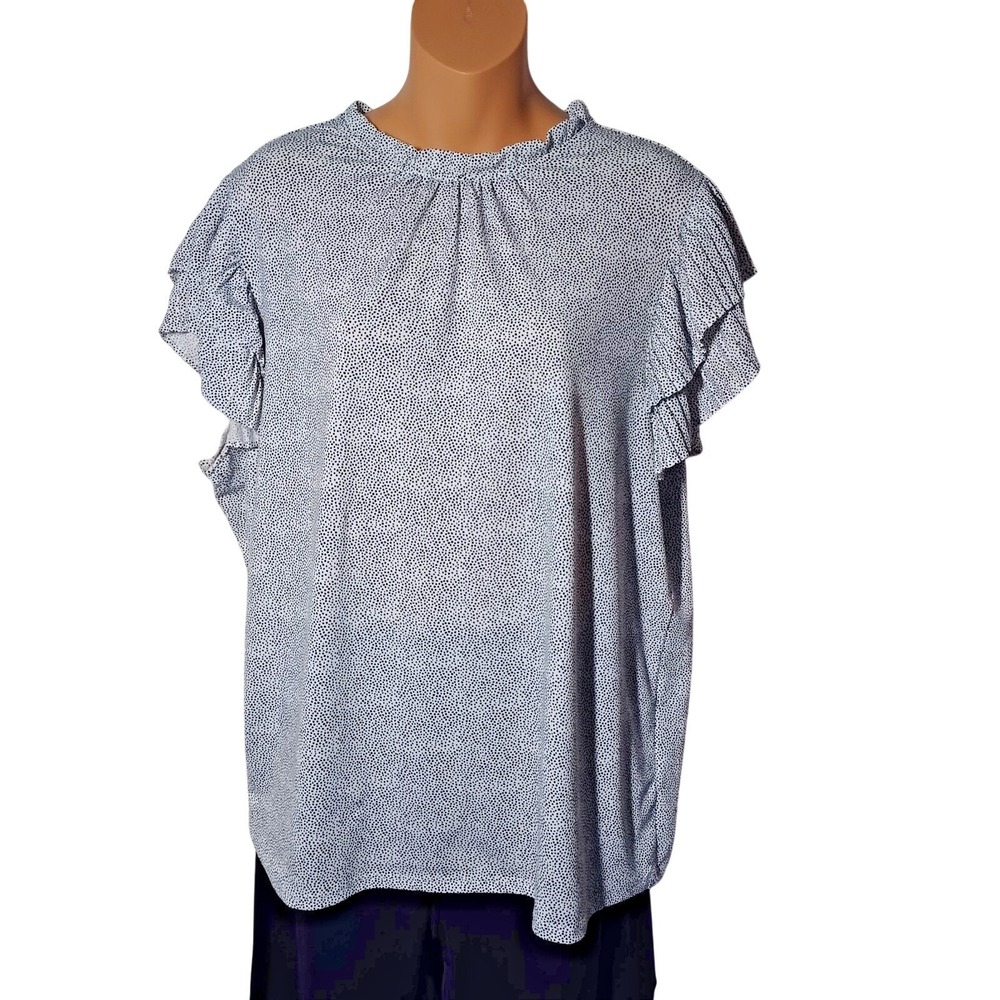 White Black Polka Dot Ruffle Neck Flutter Sleeve Blouse Top RN59782 AD1S301394